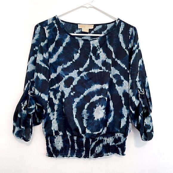 MICHAEL MICHAEL KORS Navy Blue Tie Dye Satin 3/4 Sleeve Roll Tab Blouse PETITE S - Picture 2 of 13